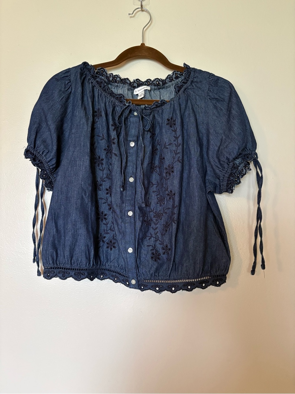 Navy Embroidered Peasant Blouse with Tie Sleeves - Women